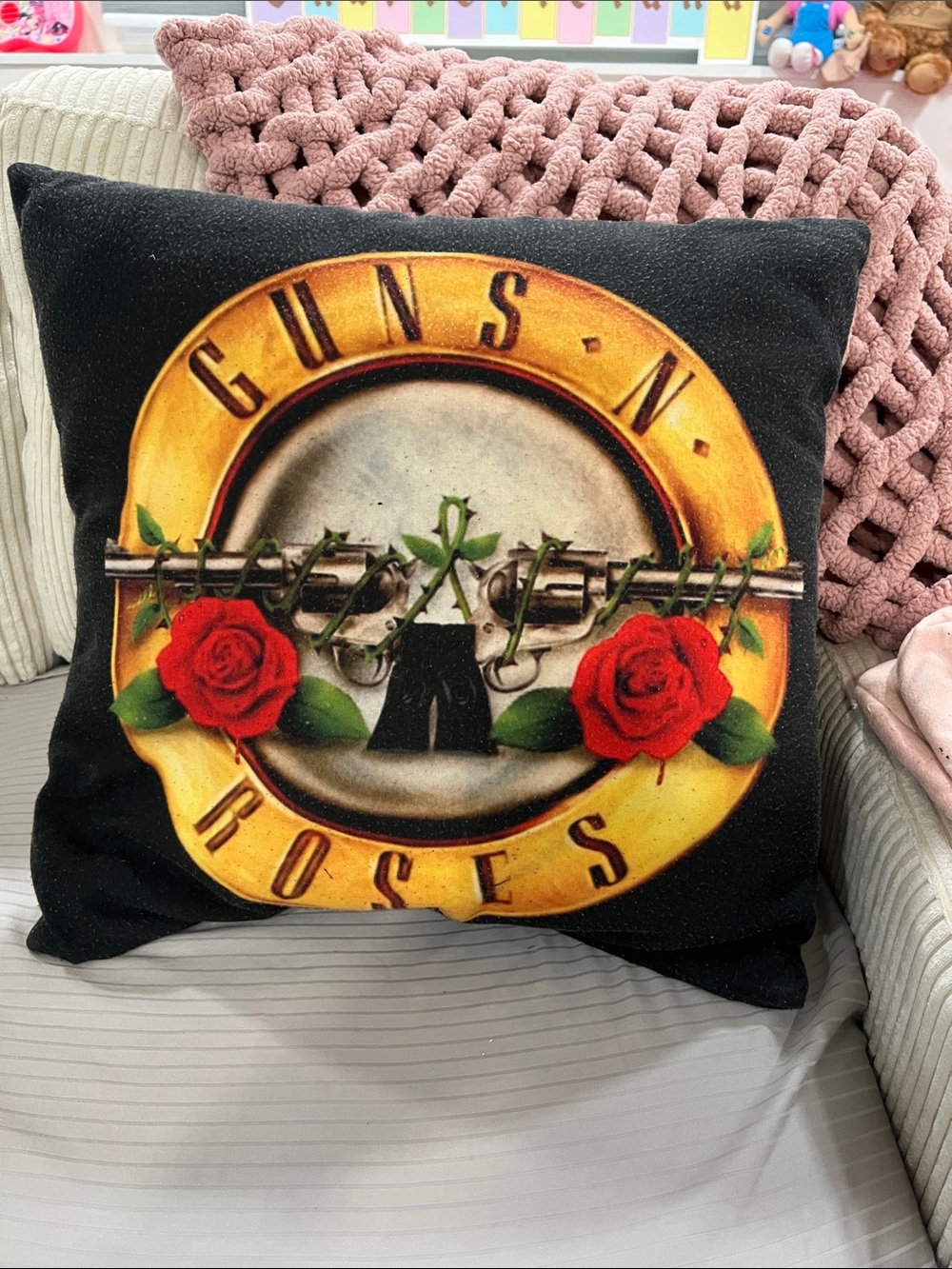 Guns N' Roses Logo Decorative Throw Pillow - Black with Red Roses